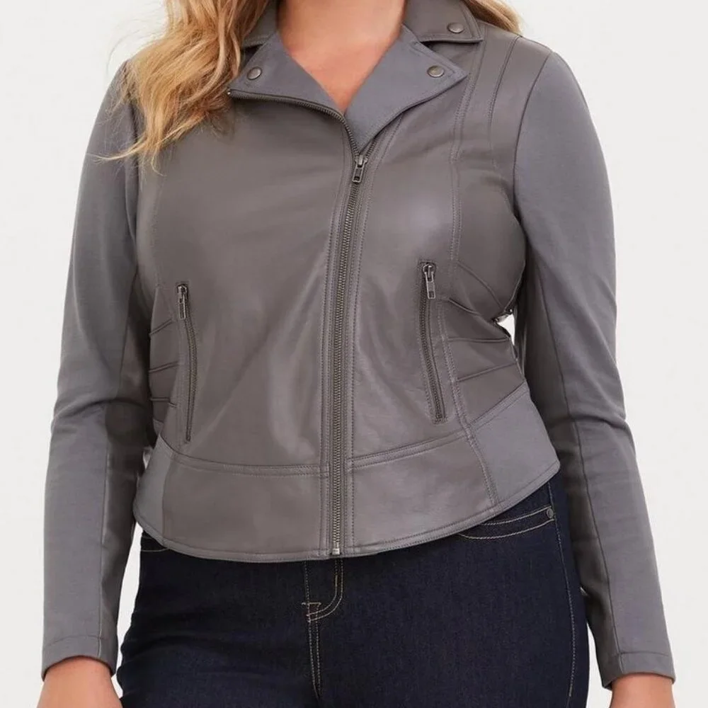 Torrid Mixed Faux Leather & Knit Zip Front Crop Moto Jacket Grey 2 Long Sleeve